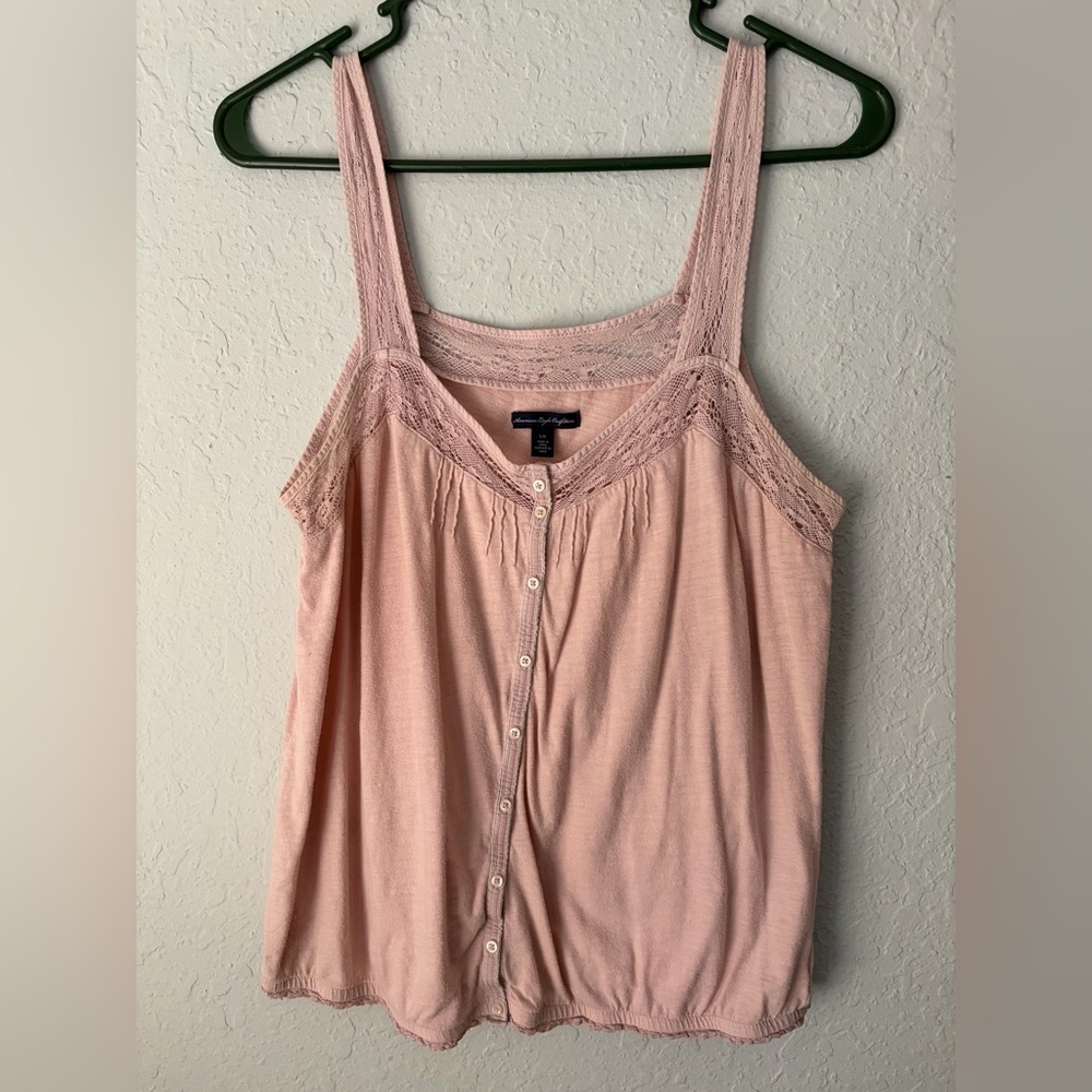 American Eagle Outfitters Blush Pink Lace-Trim Button Front Tank